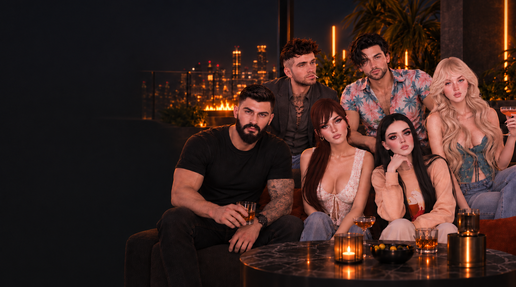 Six Second Life residents relaxing together at an evening rooftop gathering.